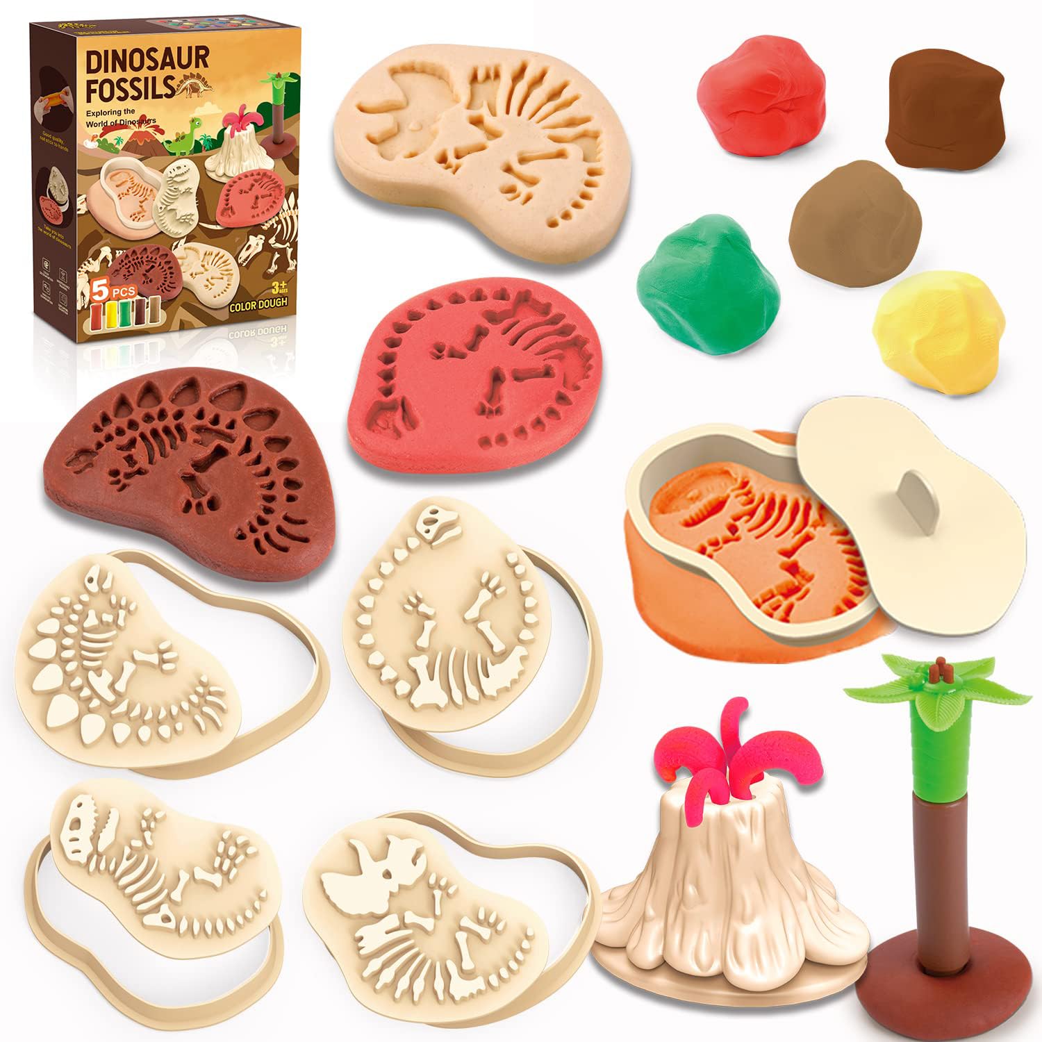 TERRIFI Color Dough Sets for Kids, Dinosaur Toys and Tools, Volcano Fossils, 13 Piece Accessories for Boys and Girls Ages 4-8, Creative Play for Kids Ages 5-7 Years