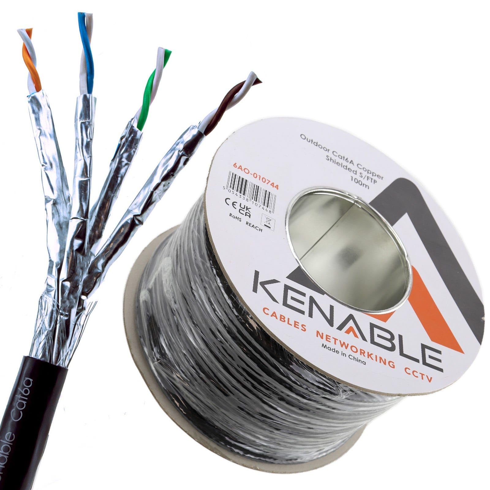 kenable External SHIELDED CAT6A Outdoor Use COPPER Ethernet Cable S/FTP Reel 100m Black
