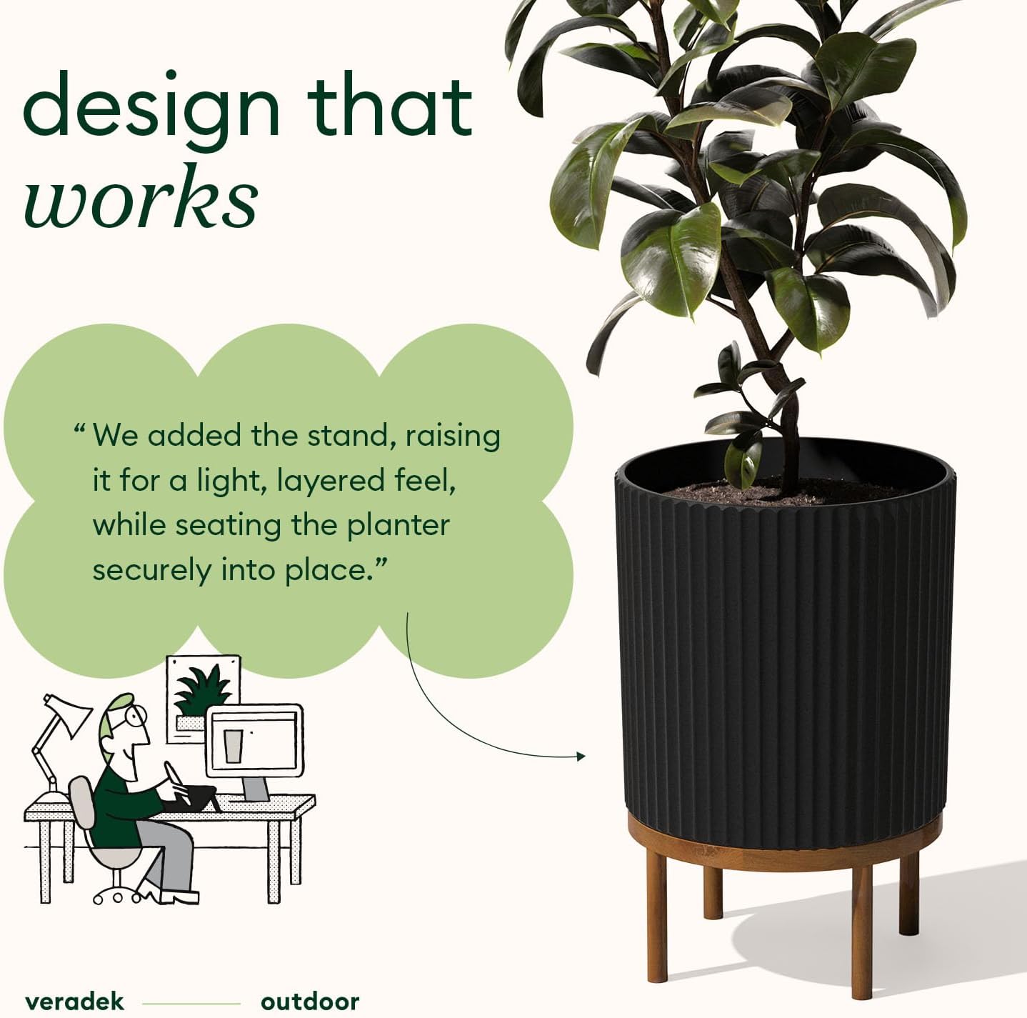 Veradek Demi Series Round Planter w/ Stand for Porch/Patio | Durable Plastic-Concrete & Wooden Stand | Modern Décor for Tall Plants, Flowers