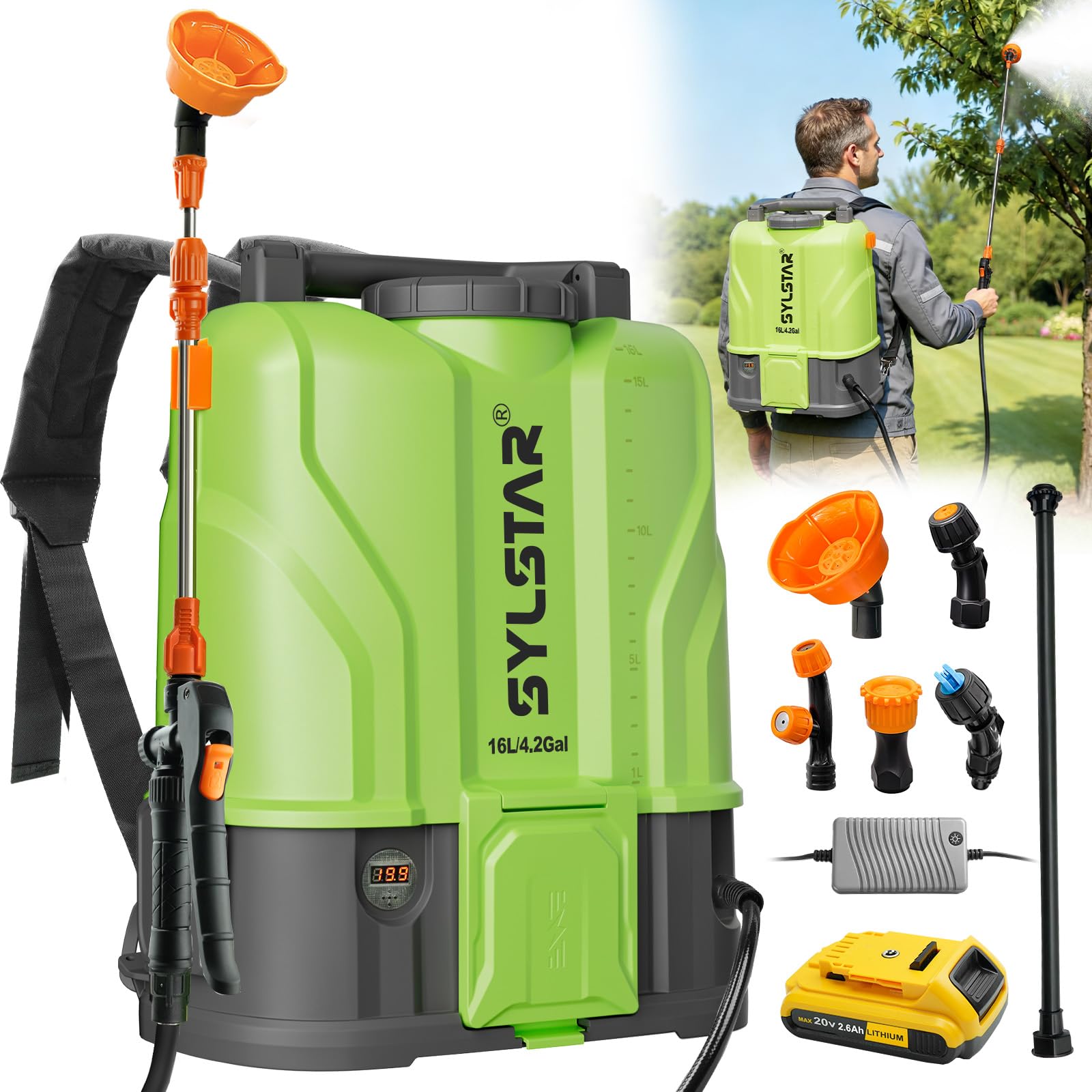 SYLSTAR 16L Battery Powered Knapsack Sprayer, 120PSI Cordless Backpack Sprayer Compatible with DeWalt and Milwaukee 18V Batteries,Weed Sprayer with 5 Nozzles,2 Wand,2.6 Ah Battery for Garden&Lawn Care