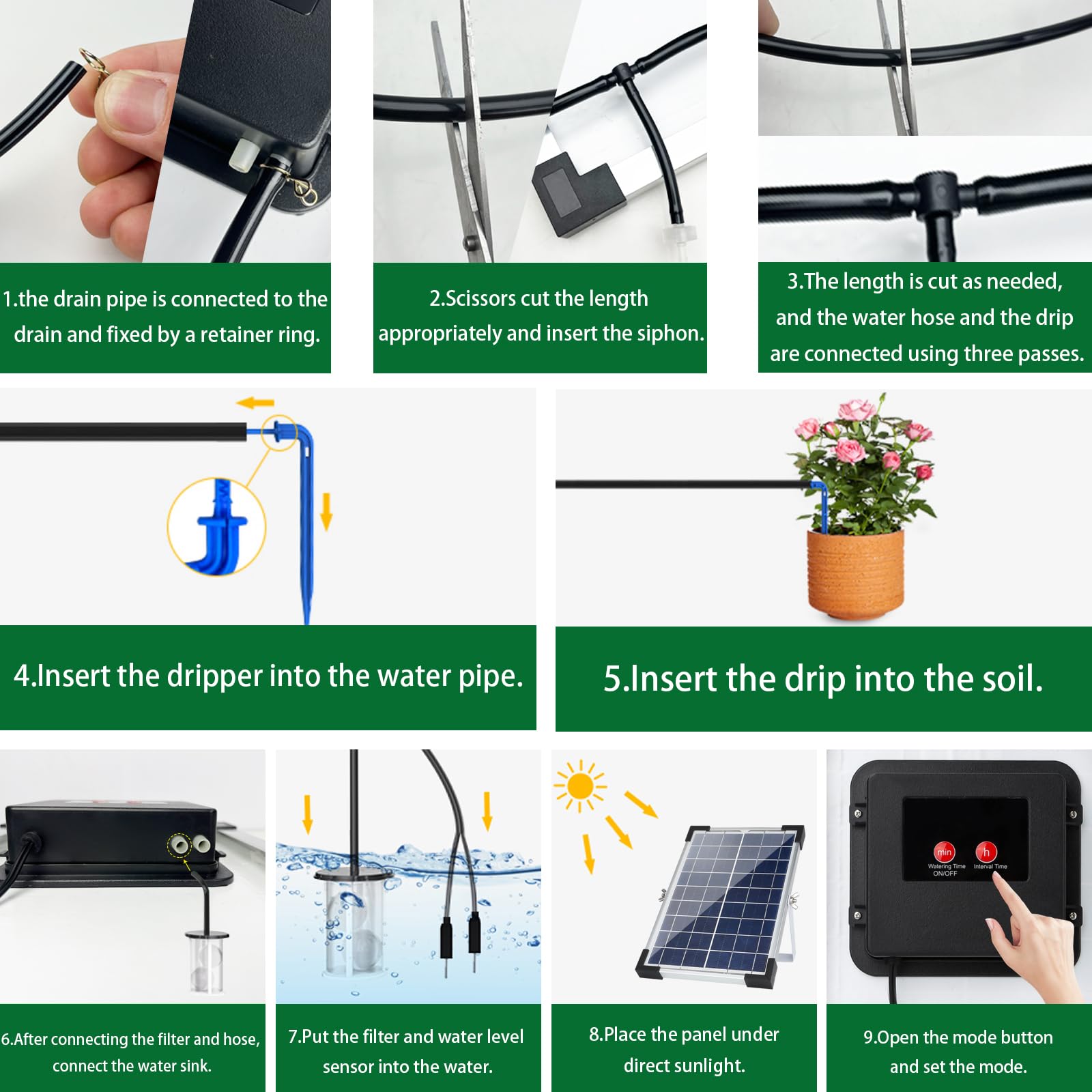 jardin goutte à goutte système d'arrosage solaire, 5W automatique solaire goutte à goutte Kit système d'arrosage, dispositif d'arrosage de plantes en mode temporisé