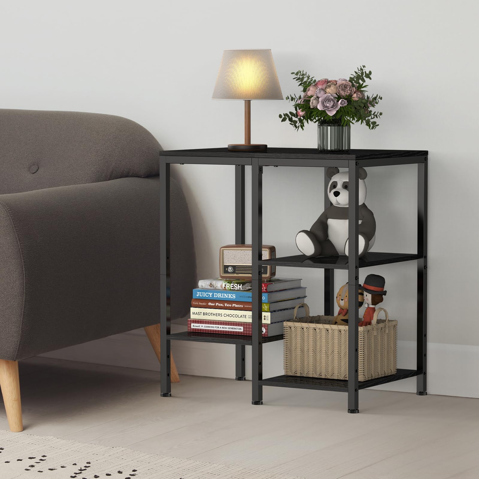 smusei Estantería Multifuncional de 4 Niveles, Estilo Minimalista, Negro, 66 x 40 x 60 cm, 4 Estantes Ajustables, 50 lbs de Capacidad, Incluye Hardware, Montaje en 30 Minutos