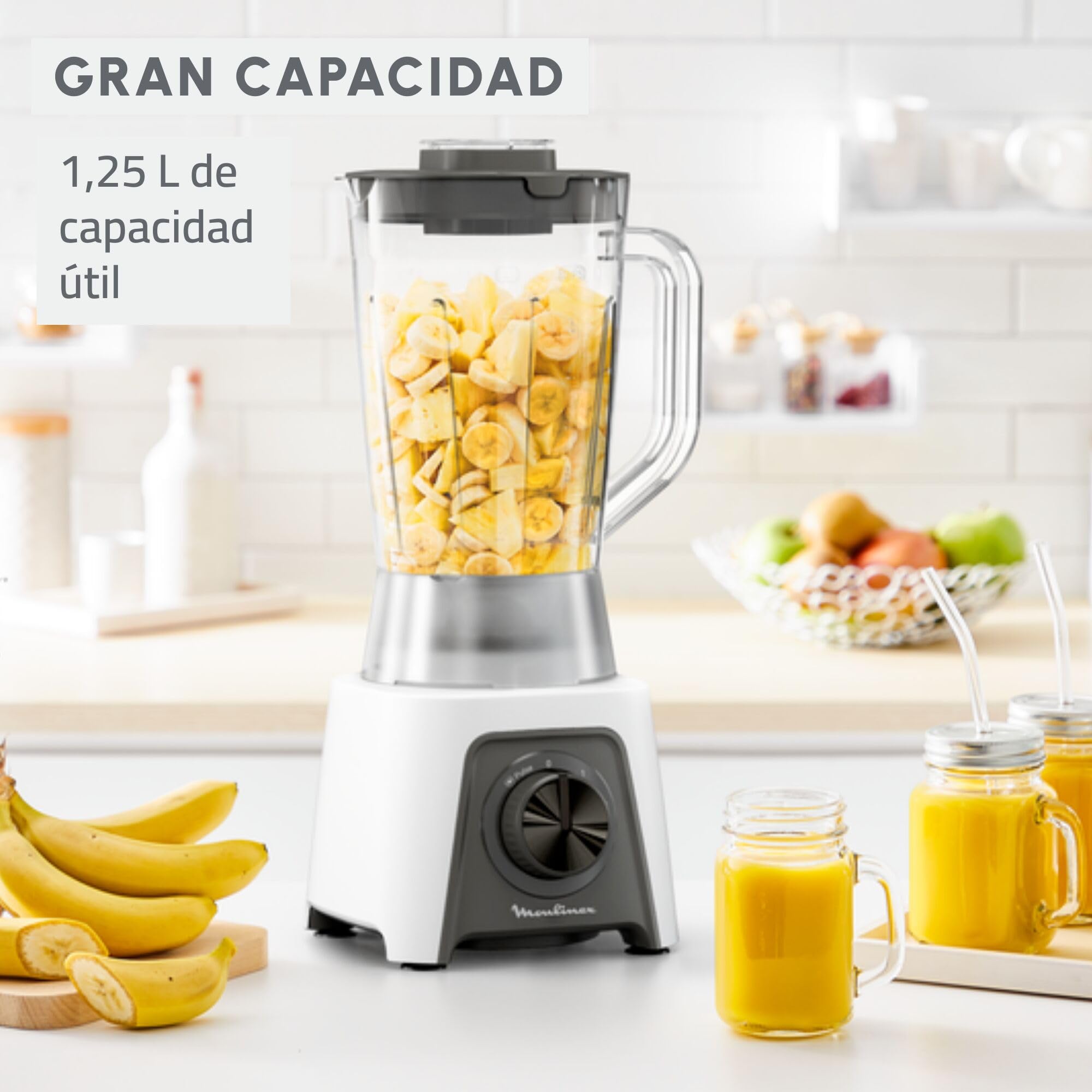 Moulinex Blendeo+, Batidora de vaso de 450 W, Jarra de 1,5 L, 2 velocidades + función Pulse, Pica hielo, Duraforce Label, Sistema de bloqueo inteligente, Cuchillas extraíbles, Blanca, LM2C0110