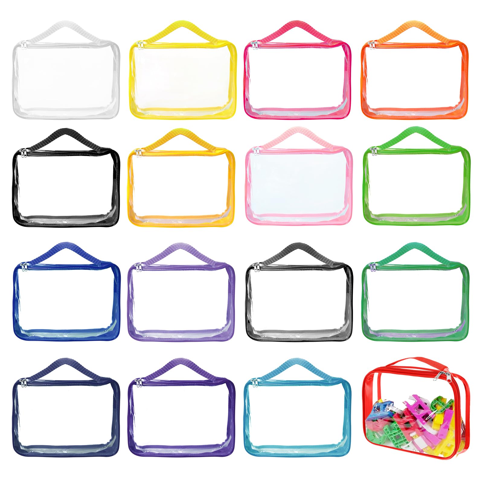 16 Packs Toy Storage Bags with Zipper PVC Waterproof Toy Bags Plastic Storage Organizer Clear Organizing for Board Games Building Blocks Puzzles Kids Books Classroom(Multicolor)