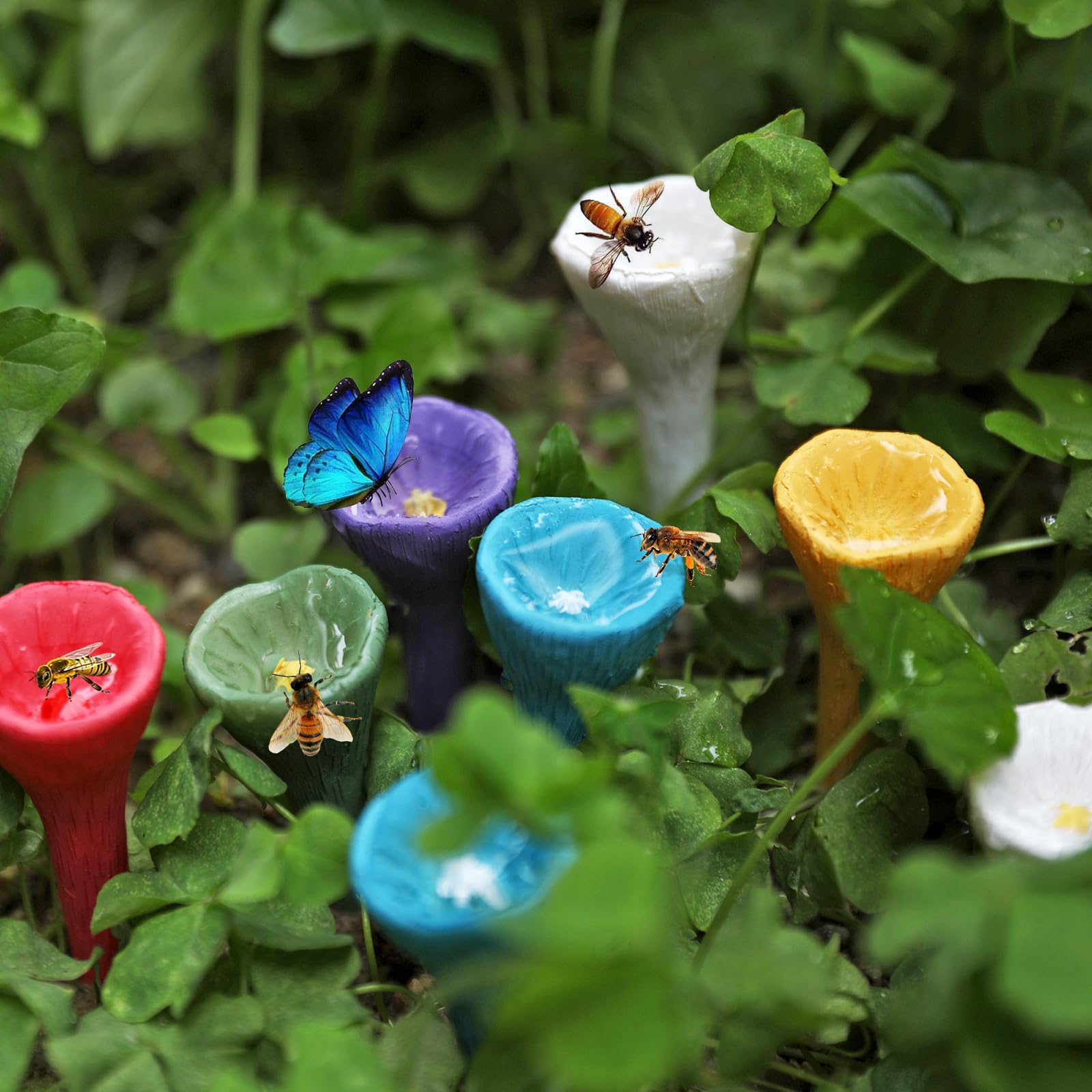 Vasos para Abejas,5 PCS Bebedero De Abejas para Jardín,Colorida Estación de Riego para Abejas con Bandeja de Madera,Comedero para Insectos para Abejas y Mariposas,Ideal para Polinizadores Sedientos