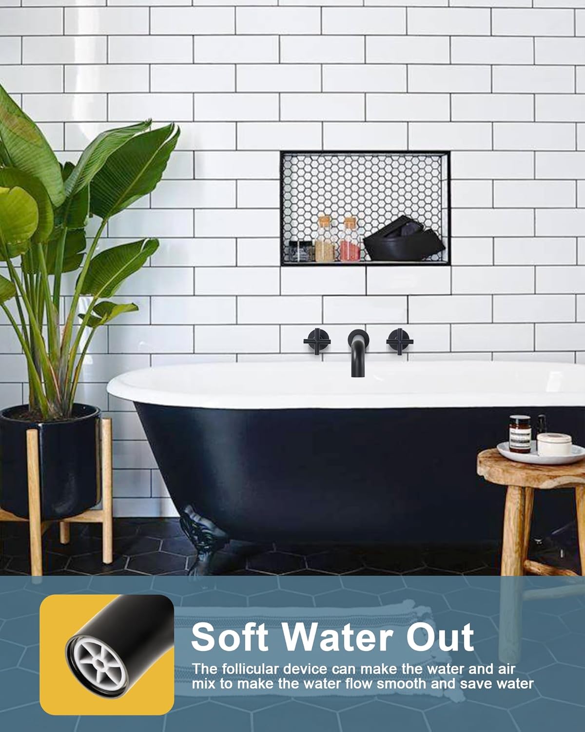 Wall Mount Tub Filler Matte Black, ARCORA Bathtub Faucet Long Spout Reach, 2 Cross Handles Wall Mounted Tub Faucet with Brass Rough in Valve Included