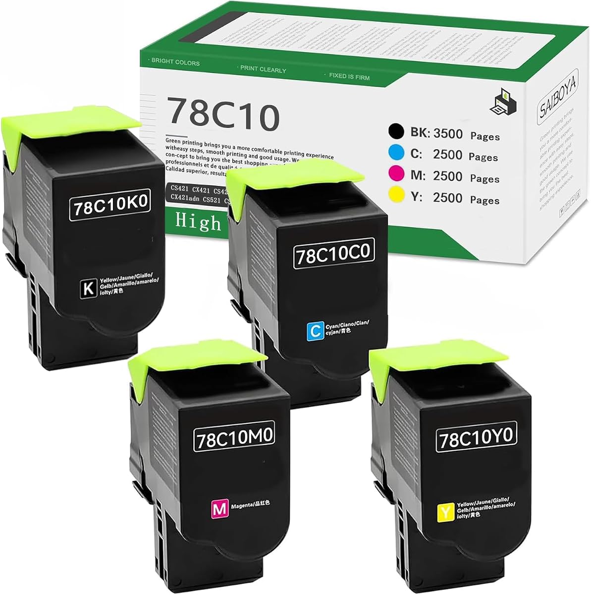 78C10 High Yield Toner Cartridge Compatible with Lexmark CS421 Toner, 4Pack | Replacement for Lexmark CS421 CX522 CX421 CS521 CX521 CS522 CX622 CX625 Printer (Black Magenta Yellow Cyan)