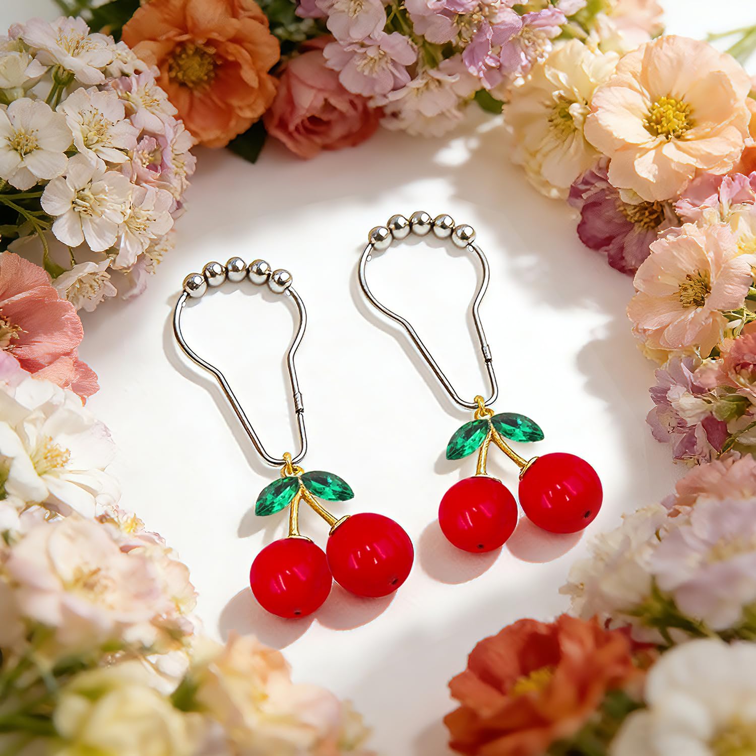Photo 1 of 15 Pcs Cherry Shower Curtain Hooks Rings Brushed Nickel Rust Proof,Cherry Bathroom Decor,Cute Shower Rod Hooks Decorative Stainless Steel,Girl Shower Curtain Hangers Metal Silver