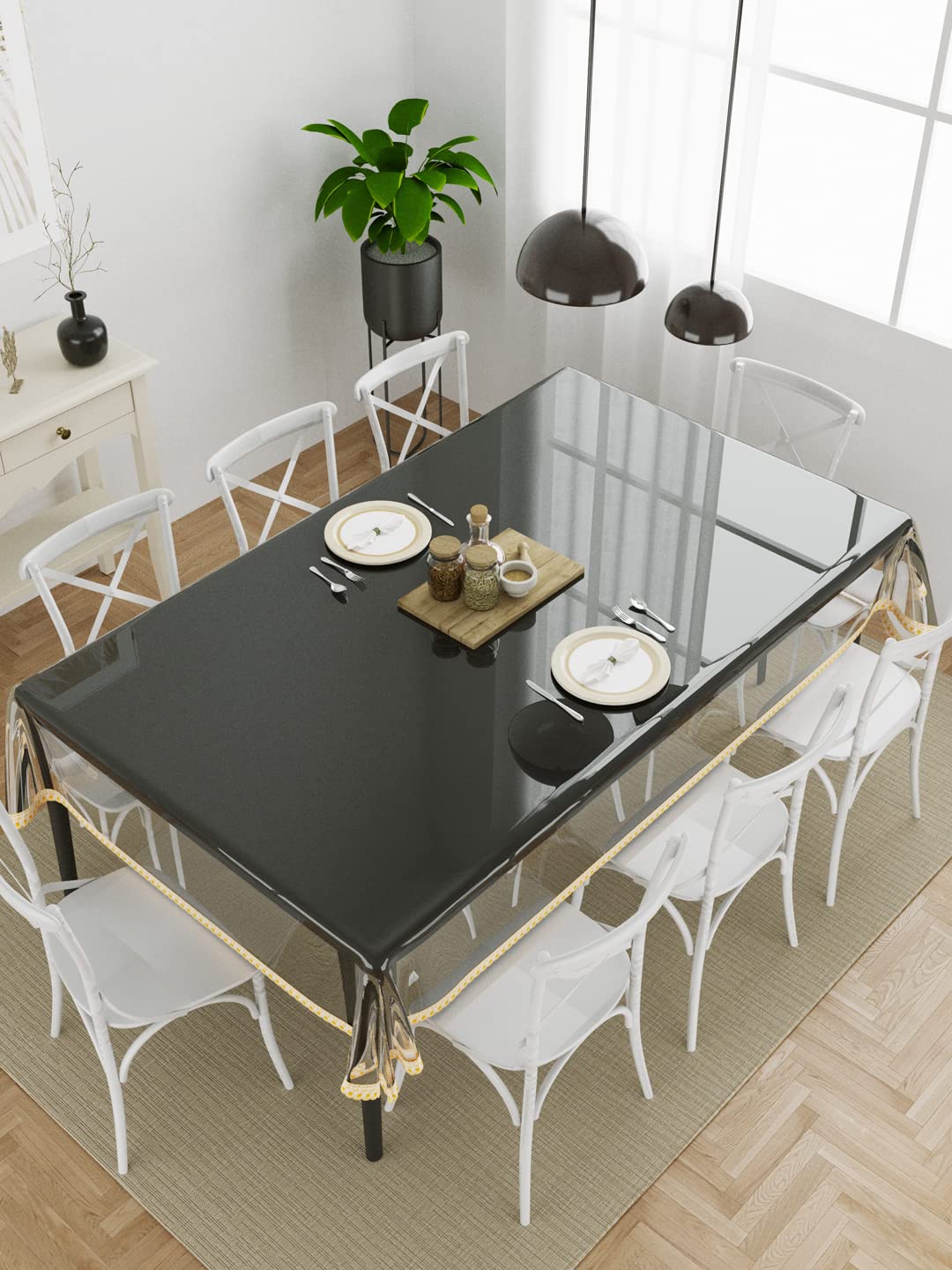 Clasiko 8 Seater Dining Table Cover; 60x108 Inches; Material - PVC; Anti Slip; Golden Sweet Lace