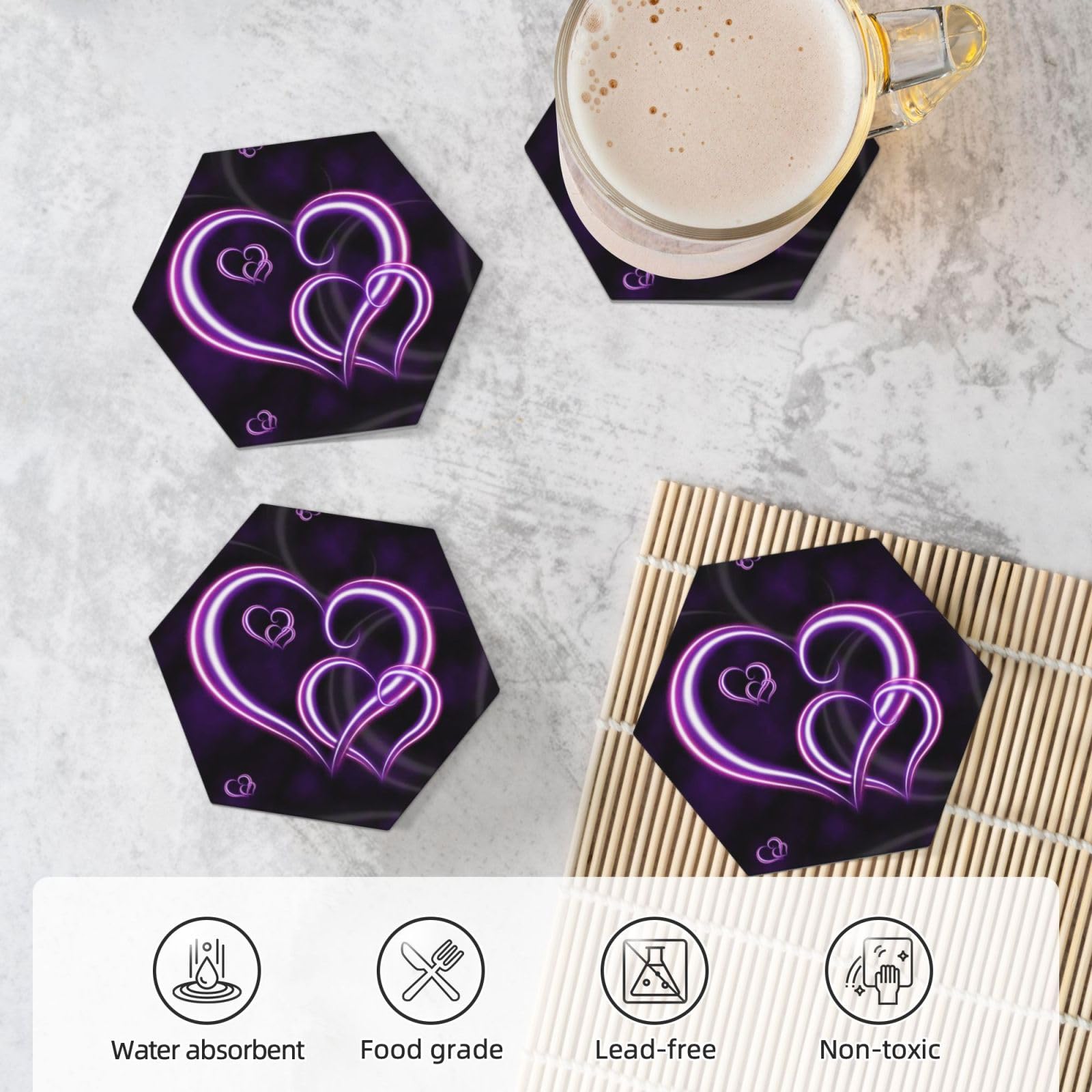 Fashional - Set di 4 sottobicchieri decorativi in ceramica con cuori viola stampati