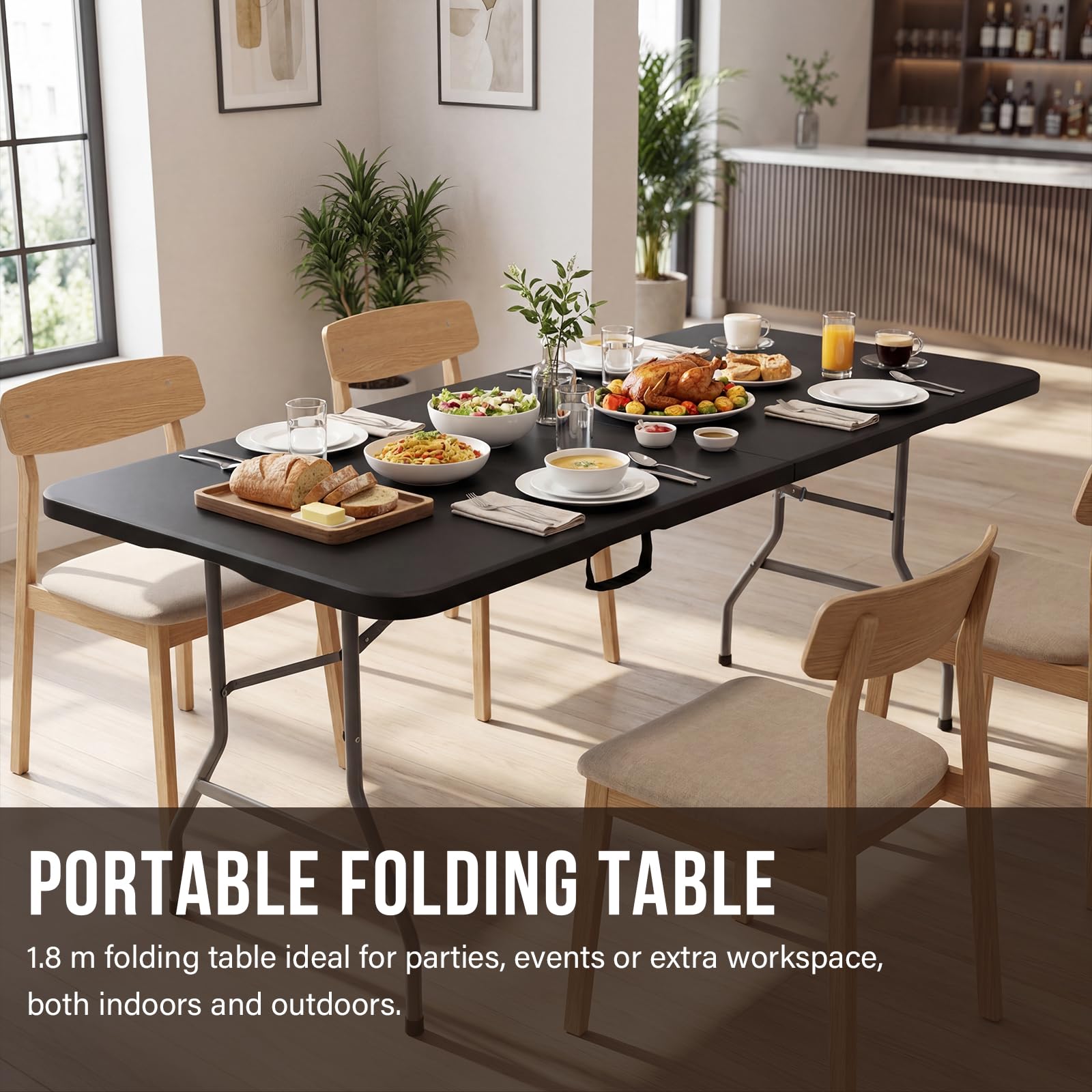TEENO Tavolo pieghevole 180 x 74 x 74 cm | rettangolare nero | tavolo pieghevole esterno 6 oro 8 posti | con serratura di sicurezza | HDPE | tavolo da giardino pieghevole perfetto per credenze, feste