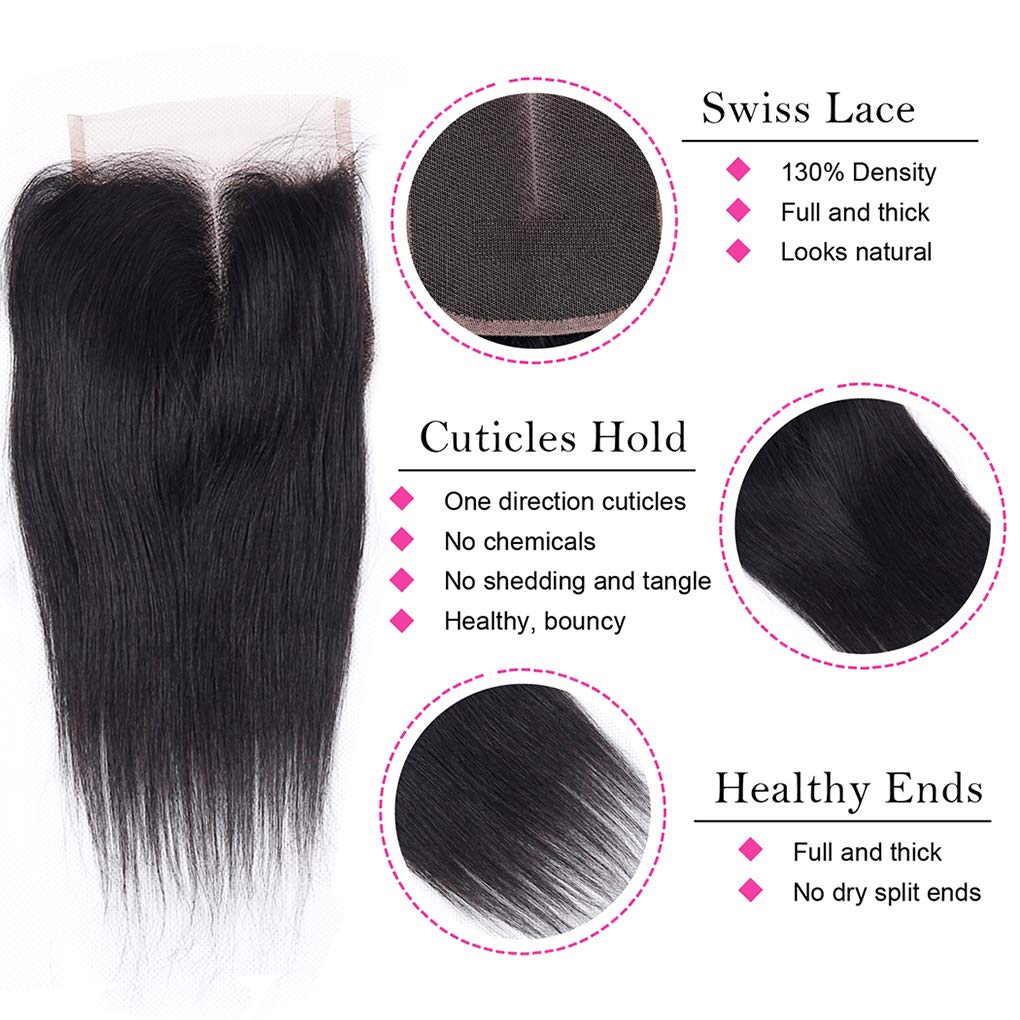 12A Human Hair Bundles with Closure Straight Bundles 8 8 8+8 Inch 4x4 HD Lace Closure Human Hair 100% Brazilian Virgin Hair Extensions 3 Bundles Deals Hair Quick Weave Bundle for Wome 50g/bundle - Image 4