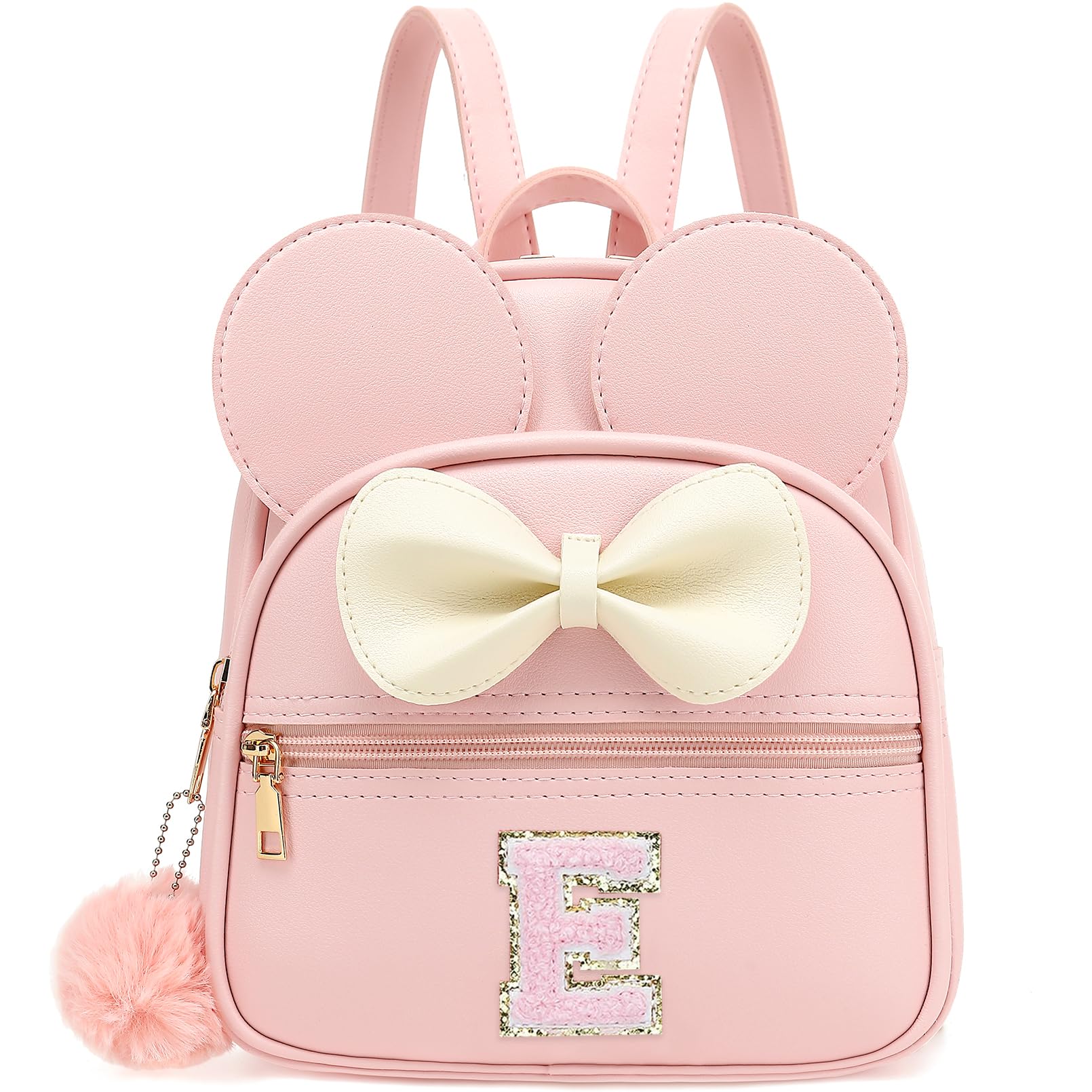 Initial Mini Backpack for Girls Toddler Kids, Small Mouse Personalized Bowknot Purse Gift (Pink E)