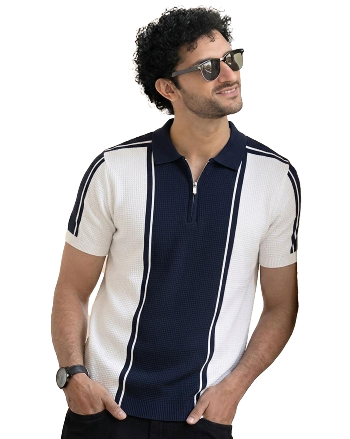 ausk Men's Classic Polo T-Shirt | Zip Collar | Half Sleeves | Two-Tone Stripe Panel | Regular Fit-picture-15