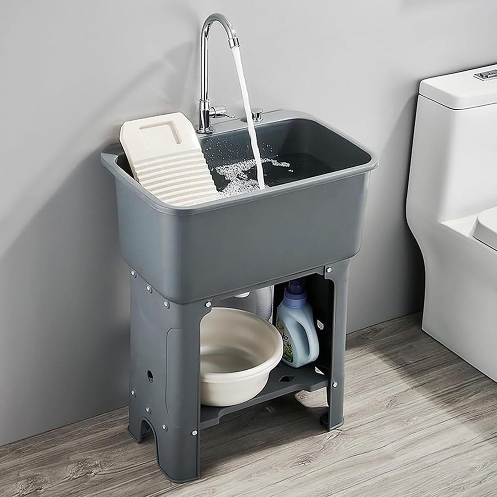 Freestanding Plastic Laundry Sink with Storage Shelf & Washboard Utility Tubs, Indoor and Outdoor Wash Tub for Laundry Room Bathroom(Gray)