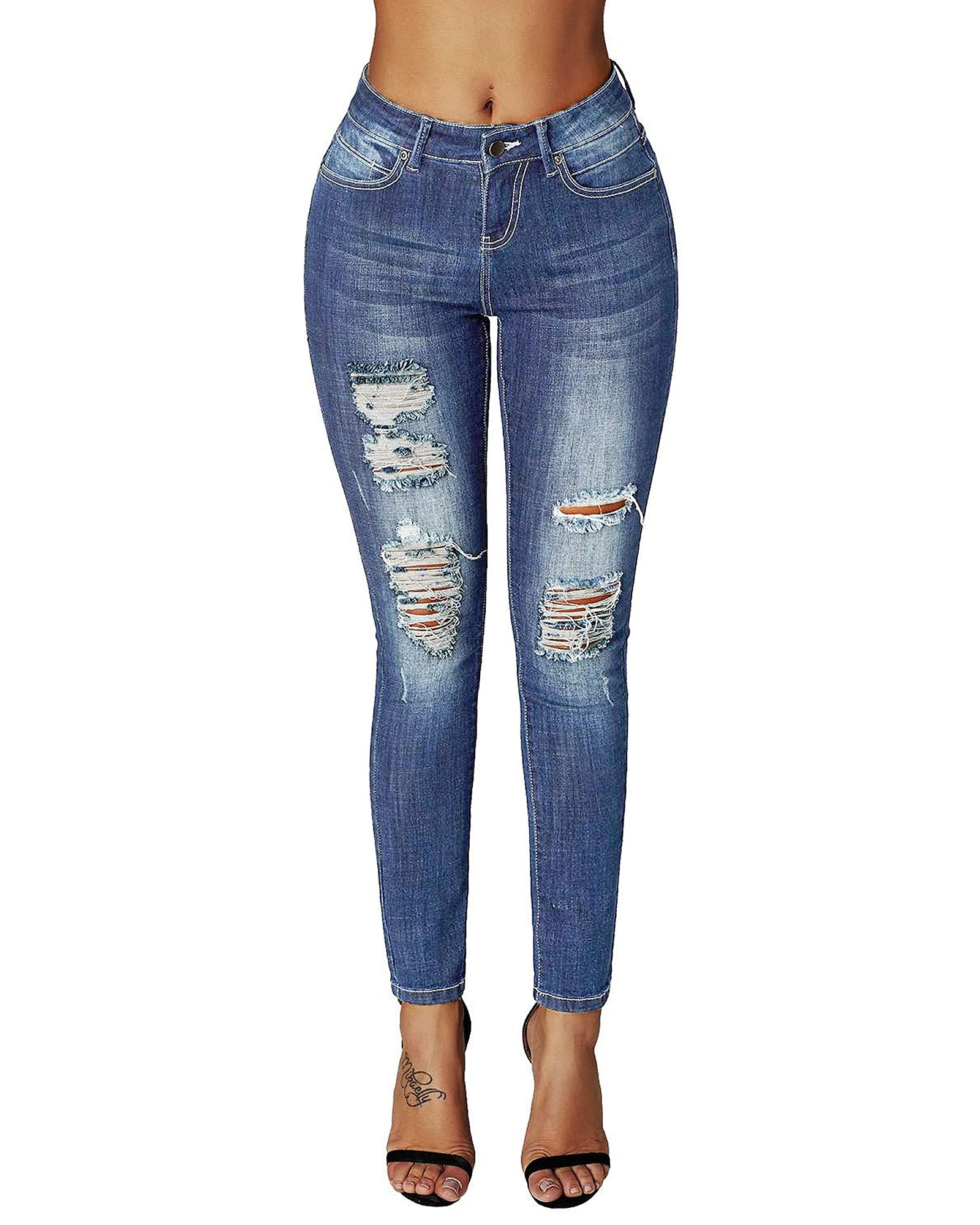 roswearWomen's Essentials Ripped Mid Rise Destroyed Skinny Jeans Denim S