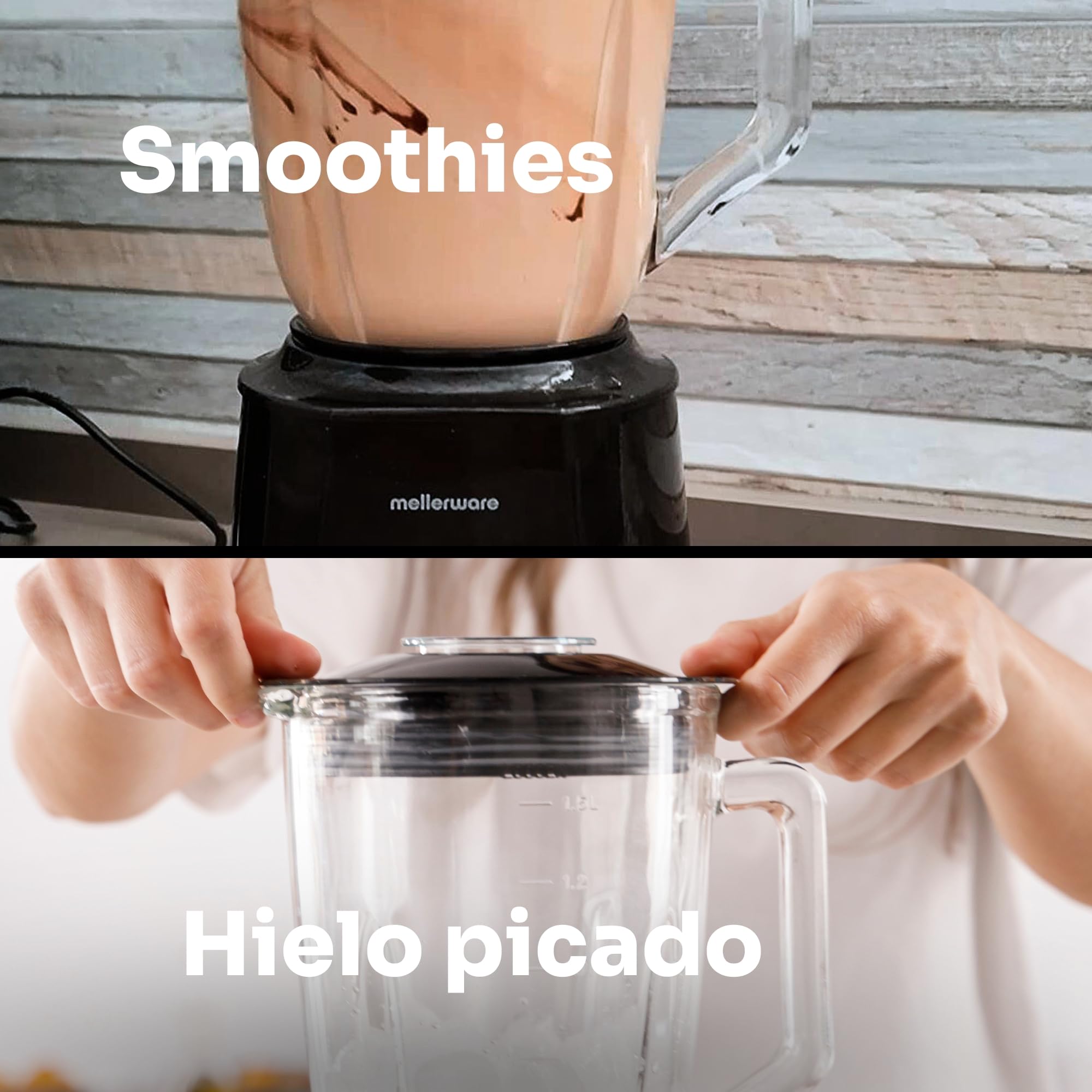 Mellerware - Batidora de vaso Mixy! 1500 W | Jarra de vidrio de 1.5L | 2 velocidades + TURBO | Procesador de alimentos profesional con cuchillas de 6 hojas | Rompehielos | Negro
