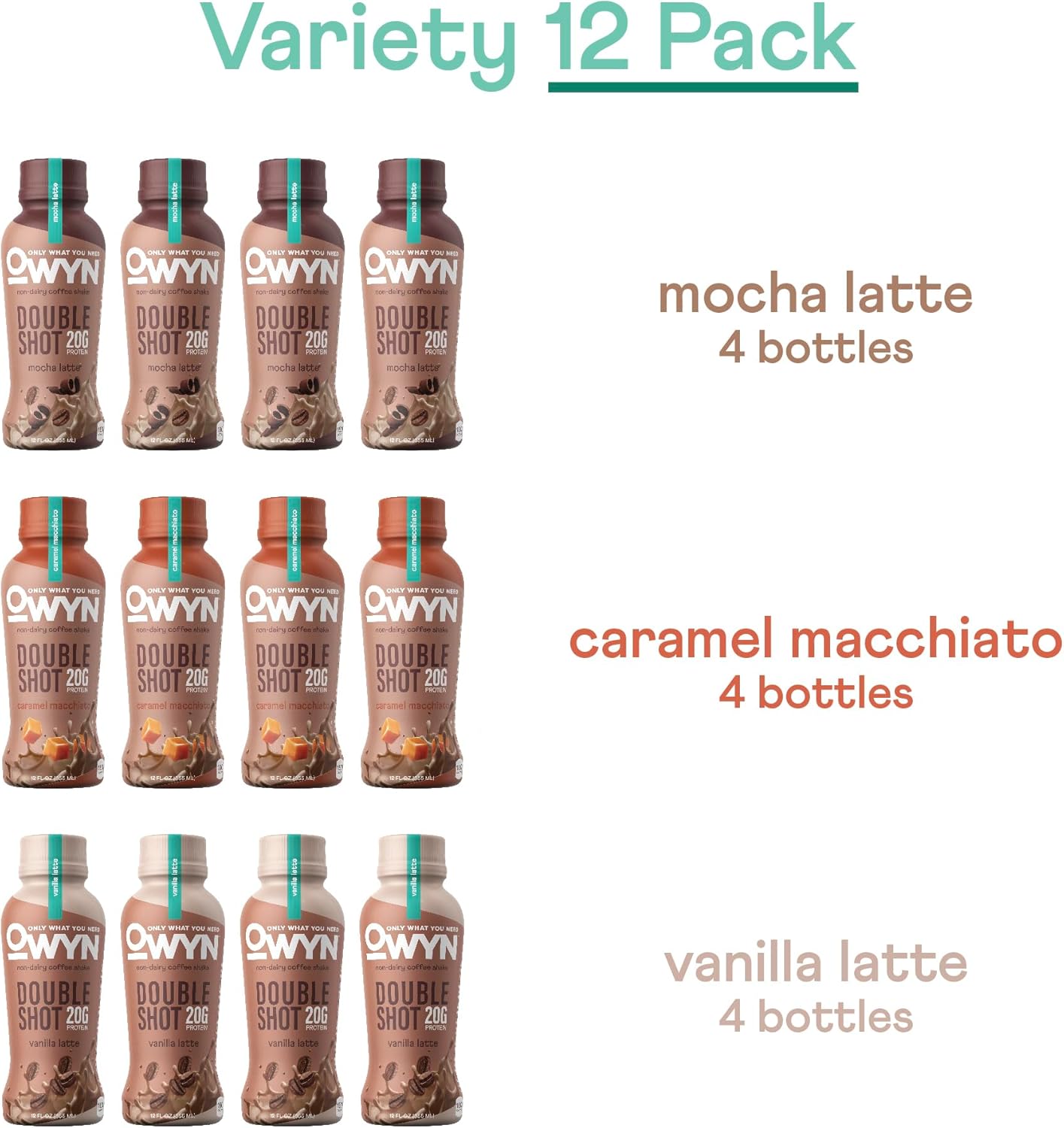 OWYN Only What You Need Doubleshot Dairy Free Keto Protein Coffee Shake, Variety Pack, 0g sugar, 20g plant based protein, 180mg Caffeine, Gluten & Soy Free, Non-GMO, Vegan (12 Pack, 12 Fl Oz Bottles) - Image 5