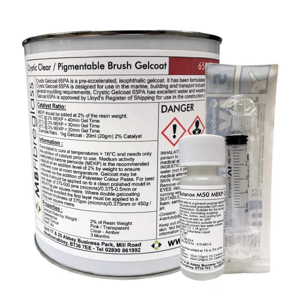 Polycraft Crystic Clear Polyester Pigmentable Brush Gelcoat & Catalyst & Syringe 1kg Kit