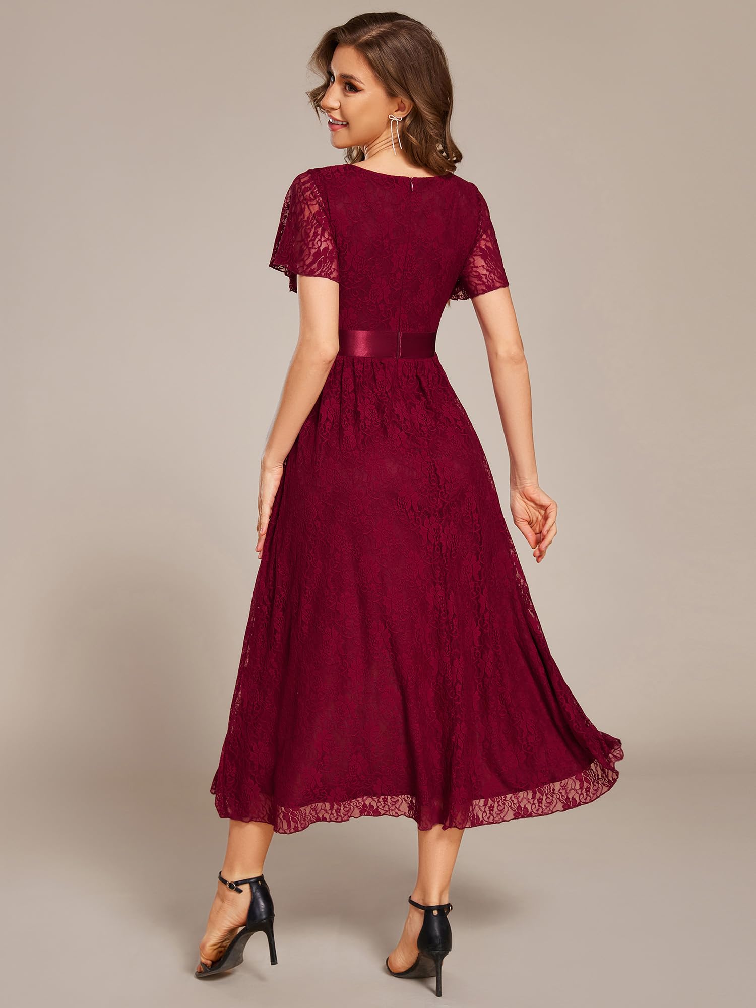 Ever-Pretty Abendkleider Damen Lang Rundhalsausschnitt Brautjungfernkleid Midi Ballkleider Chiffon V-Ausschnitt Cocktailkleid Kurze Ärmel EE03489