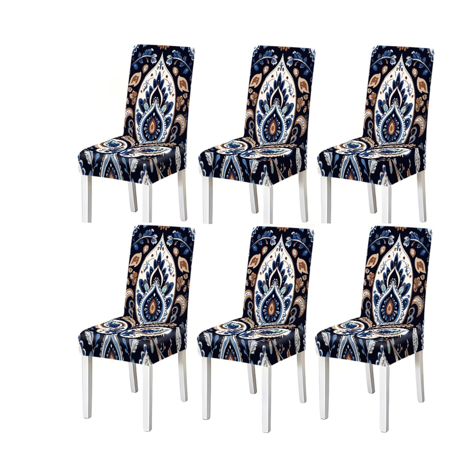 KXUAUV Bohemian Navy Blue Paisley Pattern Print Dining Chair Covers Set Of 2/4/6, Stretch Slipcovers For Kitchen Dining Room Seat Protectors for Restaurant Hotel Party(6PCSChair cover)
