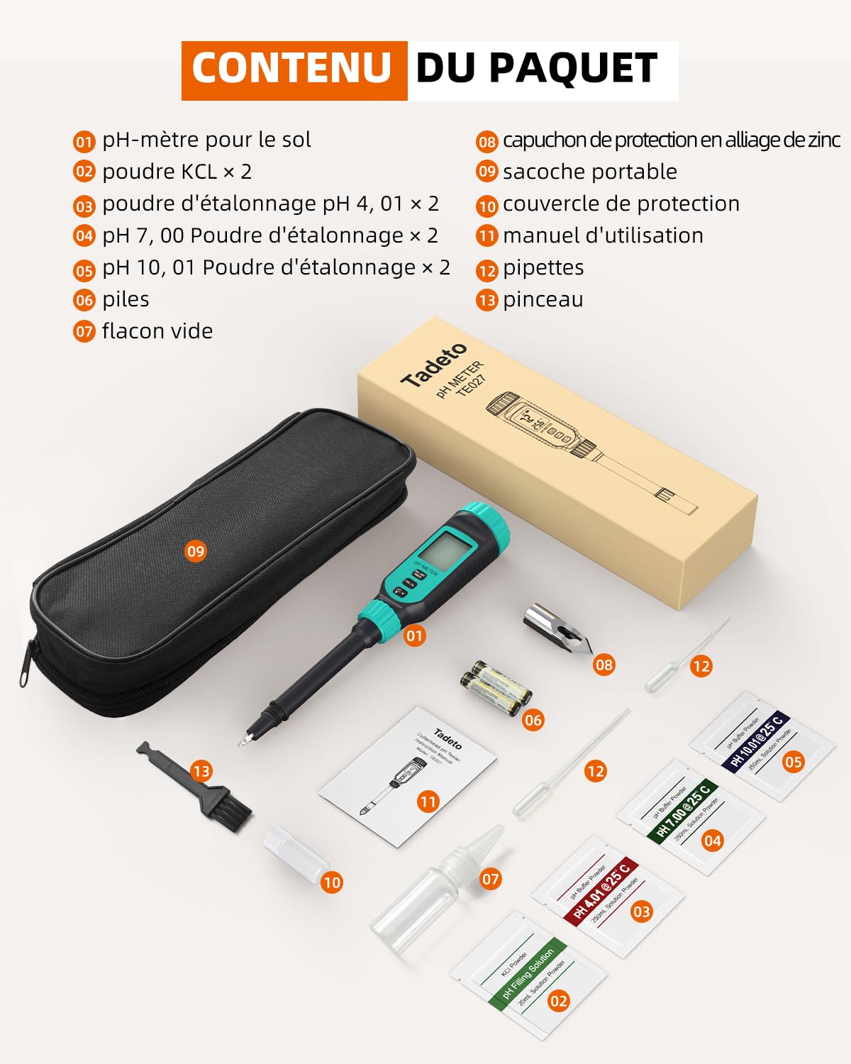 Tadeto pH Mètre pour Sol, kit de test de pH Nnumérique pour le sSol, le Jardin, l'eau, les Solutions et les Aaliments avec Couvercle de Protection en Alliage et Affichage LCD
