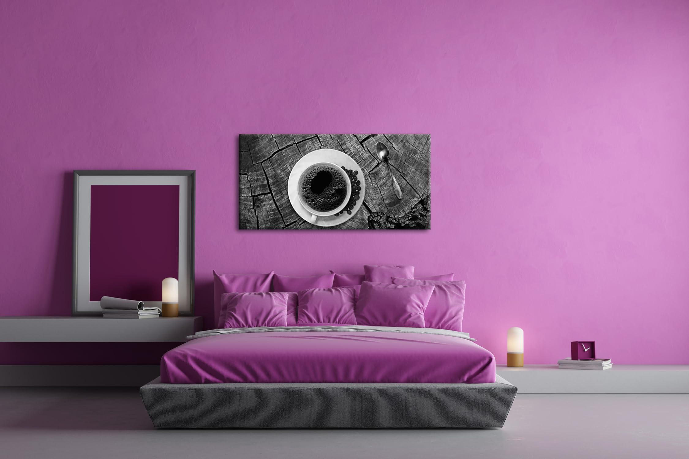 Magnífico café de la mañana panorámico 100 x 50 cm, efecto: negro/blanco como lienzo, diseño listo enmarcado en marco de madera auténtica, impresión digital de alta calidad con marco