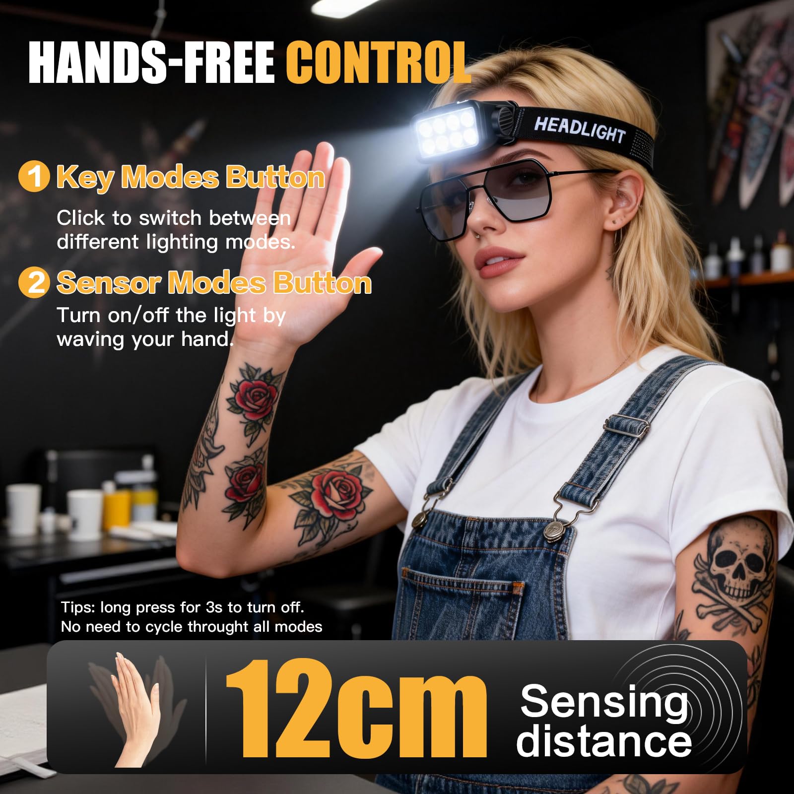 GBK Tattoo-Stirnlampe mit Bewegungssensor, polarisiertem Licht und Schutzbrille für Tätowierungen (Doppelstirnlampe)