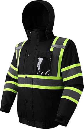 JKSafety Hi-Vis Winter Safety Bomber Jacket for men and women | Winter Safety Jacket Durable and Waterproof | Construction Work Jacket for Winter | Cold Weather PPE | ANSI Compliant (116-Black M)