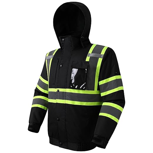 JKSafety Hi-Vis Winter Safety Bomber Jacket for men and women | Winter Safety Jacket Durable and Waterproof | Construction Work Jacket for Winter | Cold Weather PPE | ANSI Compliant (116-Black L)