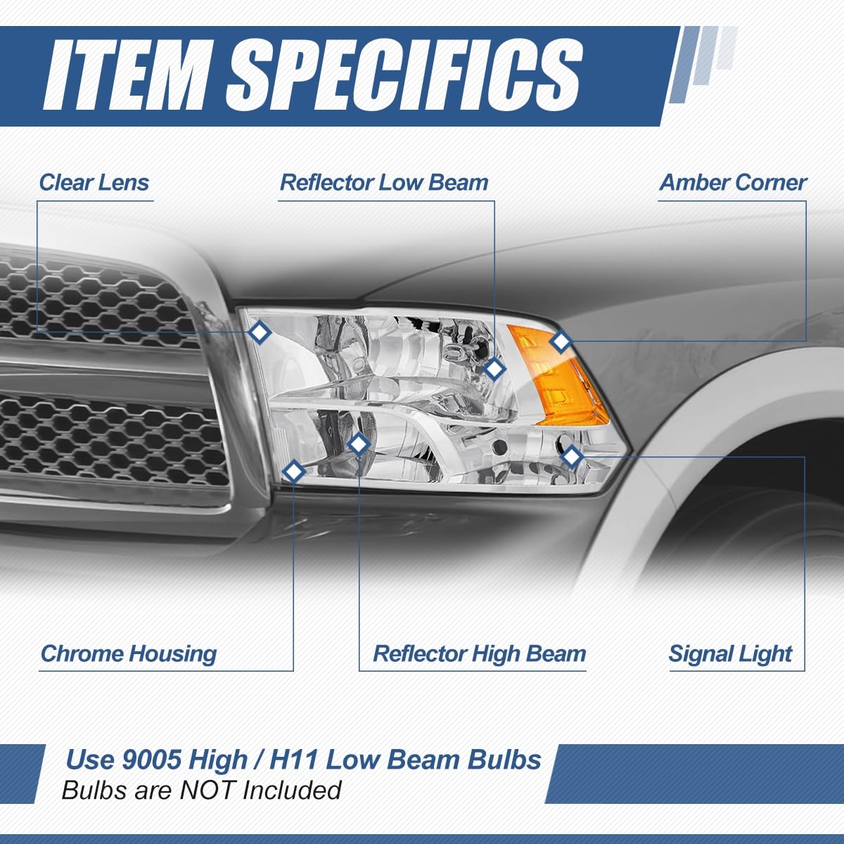 Auto Dynasty Replacement Headlights - Black Housing Clear Lens For 2009-2018 Dodge/Ram 1500-5500 (Not For LED Projector Models)