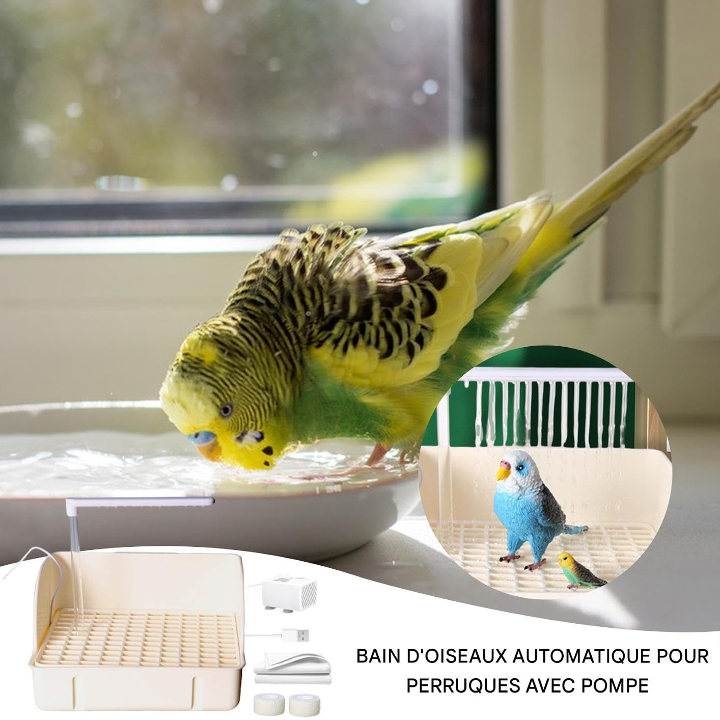 Badewanne für Papageien, automatische Vogeltränke mit Zirkulationspumpe