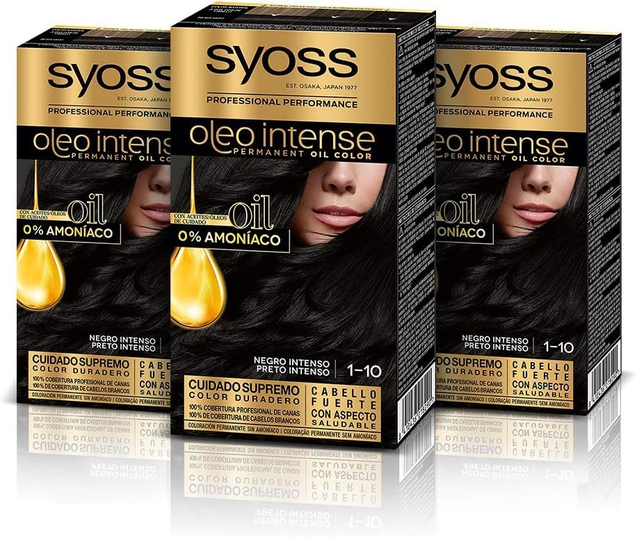 Syoss Oleo Intense - Tinte 1-10 Negro Intenso – Coloración permanente Sin Amoníaco – Cobertura profesional de canas – Resultados de peluquería (Pack De 3)