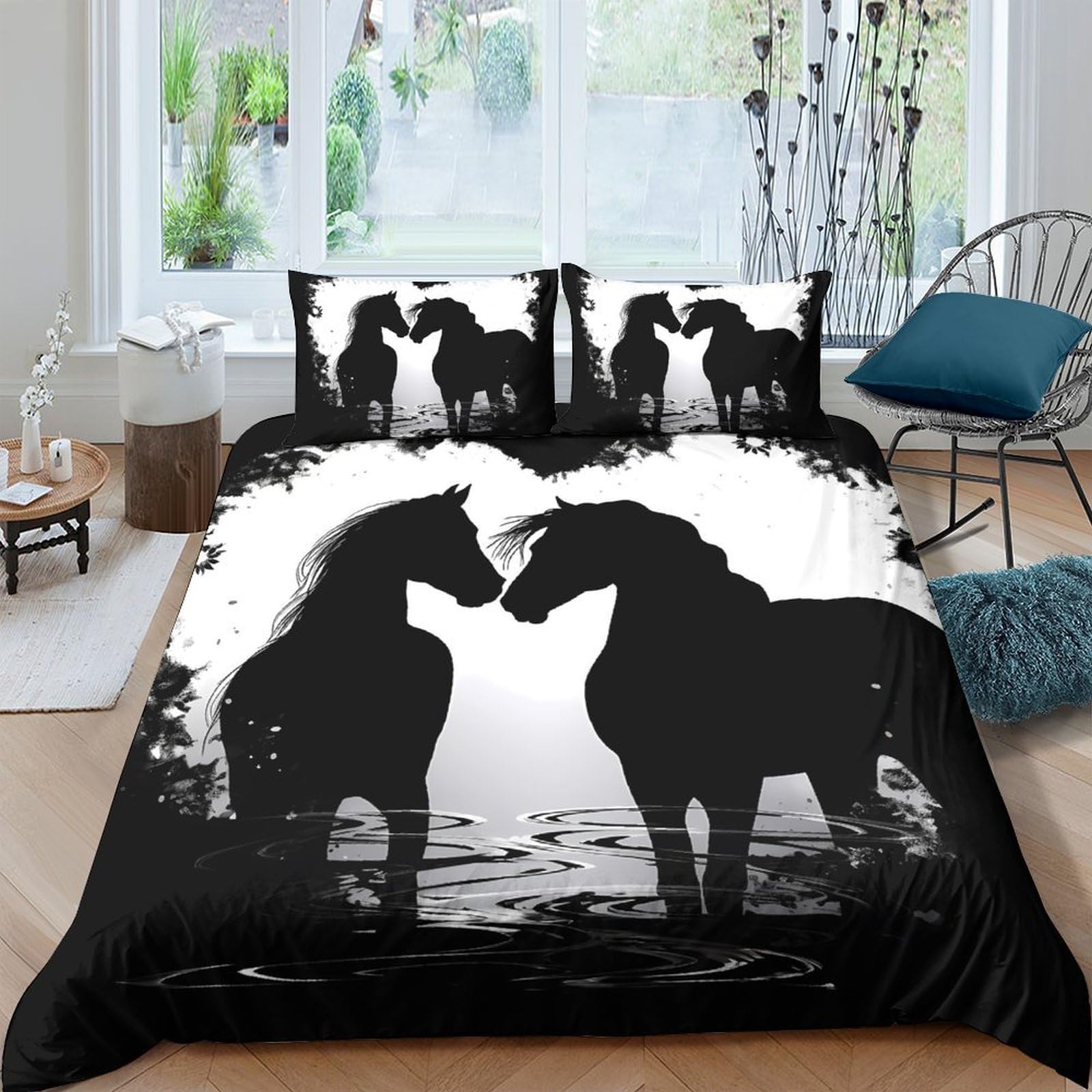 Ctjqhvkz Style-2 3D Printed Black Horse Shadow Fitted Sheet Microfiber Soft Bed Sheet White Silhouette Bedroom Guest Room Decor Single（135X200cm）