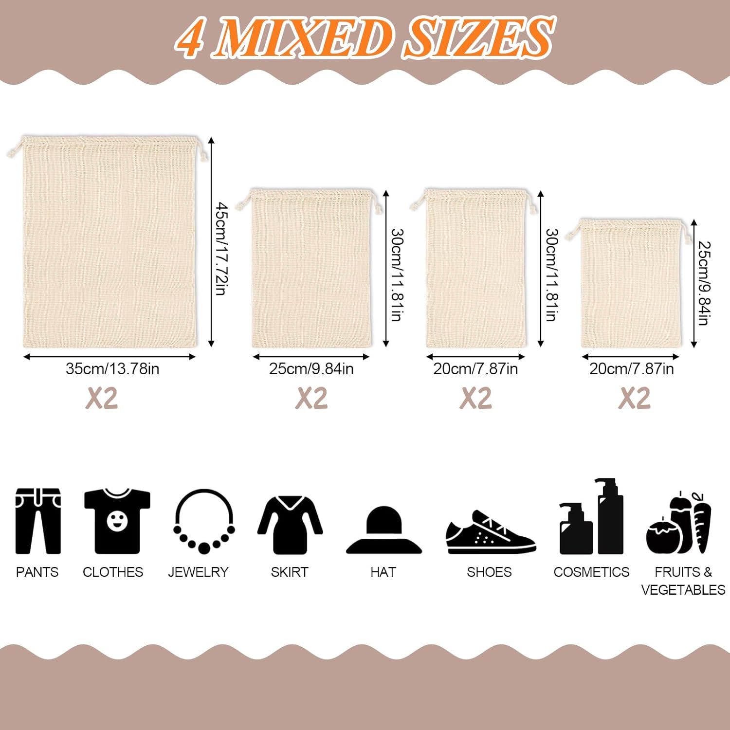 PEASUG 8 Pack Reusable Produce Bags Grocery Washable, Cotton Mesh Vegetable Bags for Refrigerator Grocery Fruits and Veggies Shopping, Transporting Storing (2XL,2L,2M,2S) - Image 2