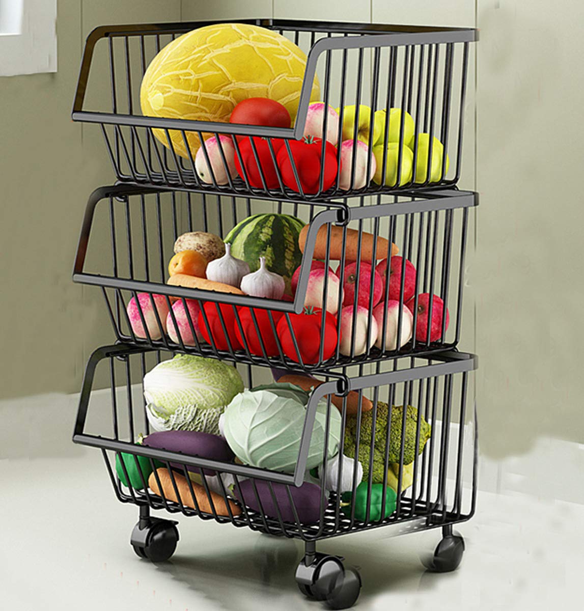 Buy Metal Wire Baskets Trolley, 3Tier Stackable Basket Organiser Bin
