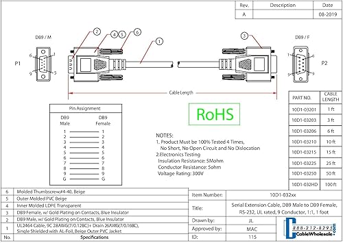 Miniatura 2 de CableWholesale Cable de extensión serie de 25 pies, DB9 macho a hembra, 28 AWG, conductor RS232 9, 11, beige, extensor serie macho a hembra para