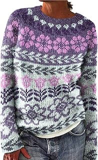 BUKKNYE Fair Isle Sweater for Women Vintage Holiday Winter Sweater Oversize Knitted Aztec Printed Long Sleeve Boat Neck Lightweight Retro Cute Holiday Festival Jumper Pullover