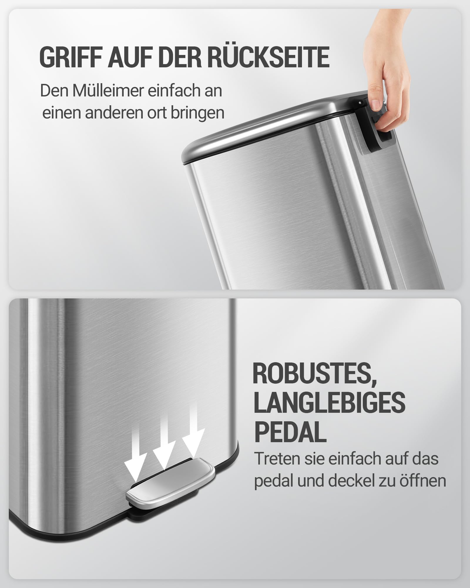 Hzuaneri Mülleimer Küche, 30L Abfalleimer mit Tretpedal, Tretmülleimer mit Softclose-Deckel und Inneneimer, Küchenmülleimer mit 15 Müllbeuteln, Stahl, Silber SW13099B