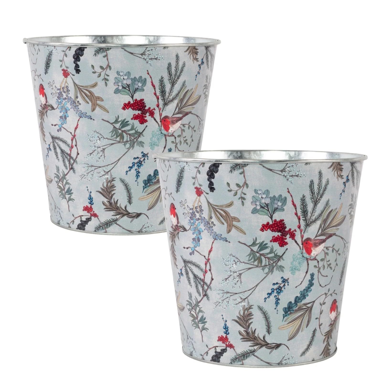Fyne-Finds Tin Pail Plant Pot Robin Floral Design 16cm,6inch Christmas Metal Planter Xmas Bucket Home (White 2 Piece)