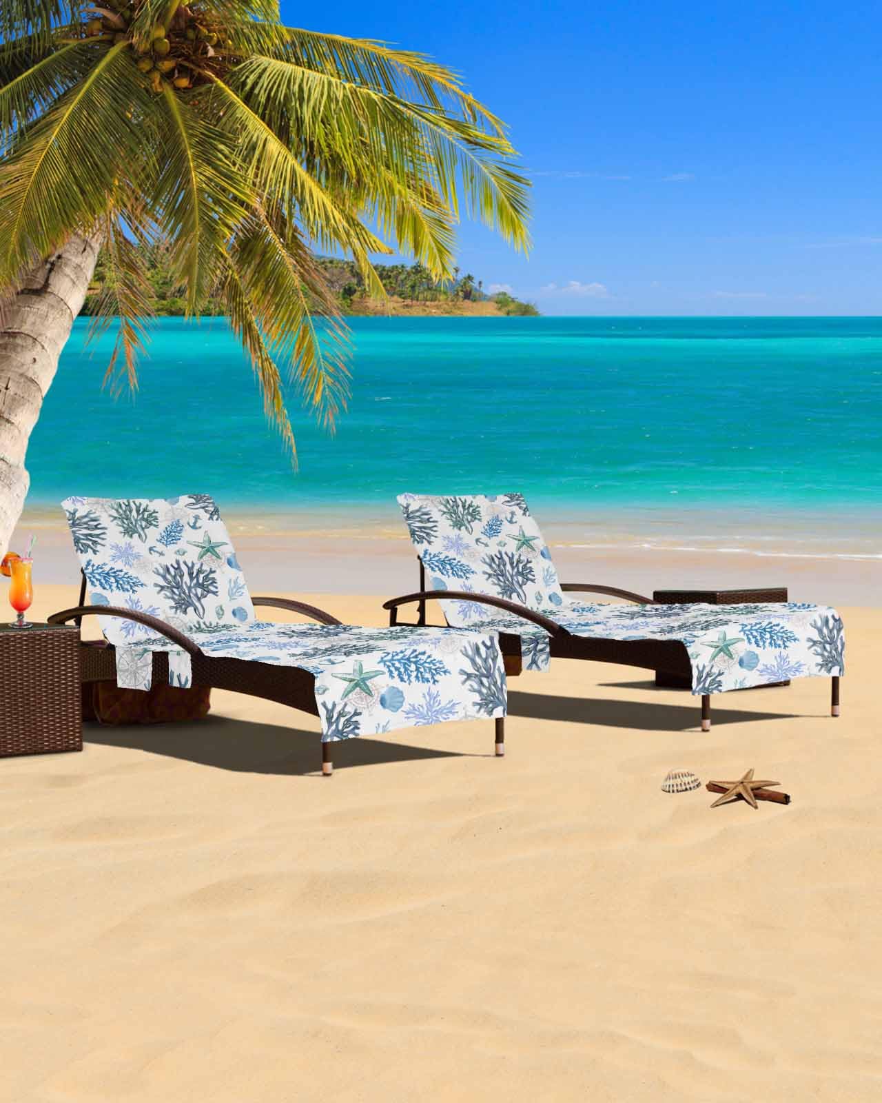 Nautical Corals Blue Sage Beach Chair Cover with Side Pockets, Microfiber & Quick Dry Pool Chaise Lounge Chair Towels Covers for Sun Sunbathing Patio Garden Hotel, Coastal Tropical Reef Green