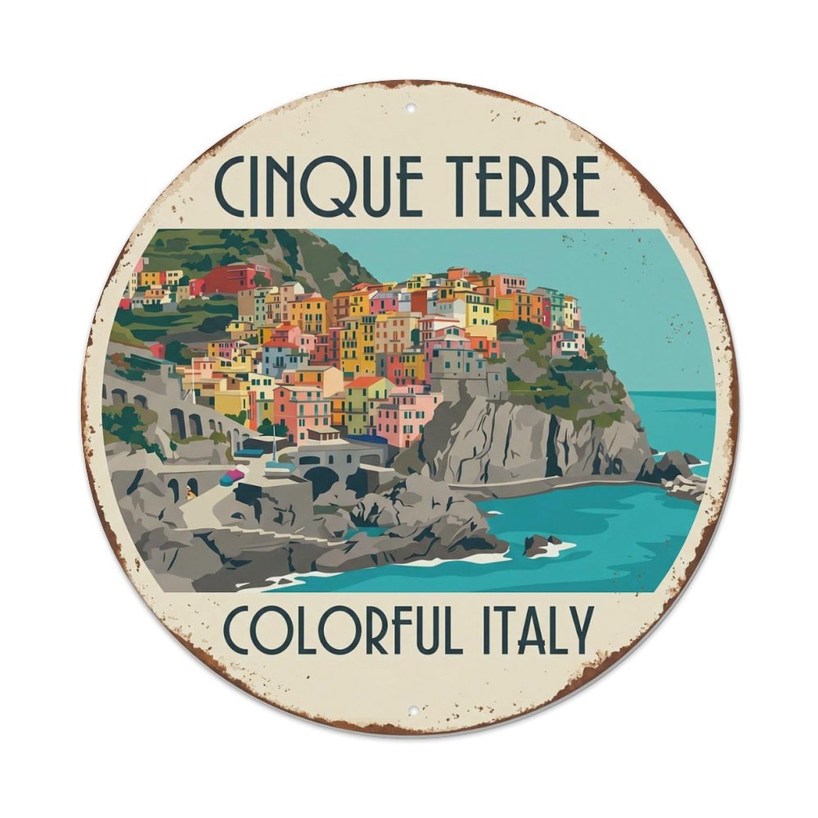 Cinque Terre Colorful Italy Village Metal Tin Sign Plaque Wall Decor for Cafe, Club, Garden Round Metal Poster 8x8Inch