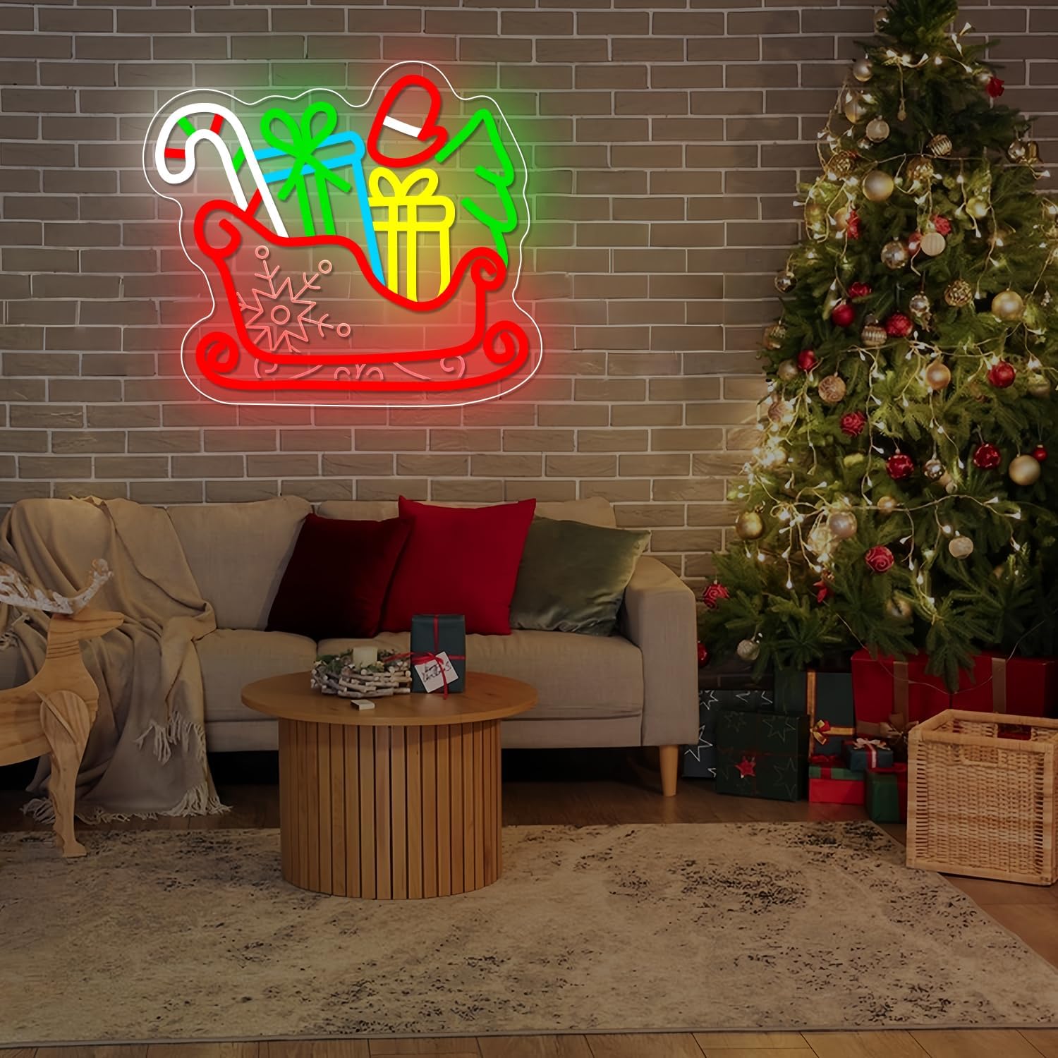 Sled Neon Sign Dimmable Christmas Neon Sign for Wall Decor Christmas Neon Lights Window Decorations christmas Light Up Sign for Bedroom Living Room Party