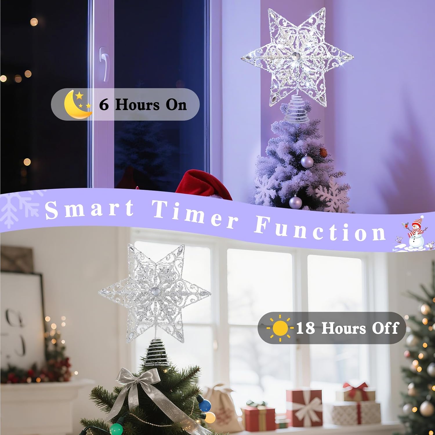 Lewondr Christmas Tree Topper, 3D Glitter Star Tree Topper with 30 LEDs & Remote Control, 8 Lighting Modes, Auto Timer, USB Powered, Christmas Tree Decoration for Home Party, White