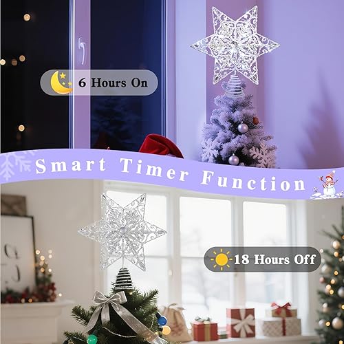 Miniatura 104 de Lewondr Decoración para árbol de Navidad, control remoto alimentado por USB, temporizador de 6 horas, estrella de árbol controlada con luces y Plata