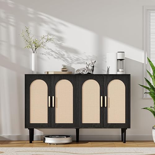Sideboard Cabinet with Rattan Doors, Kitchen Buffet Cabinet with Storage, Modern Farmhouse Large Accent Cabinet Credenza for Entryway Dining Room, Black