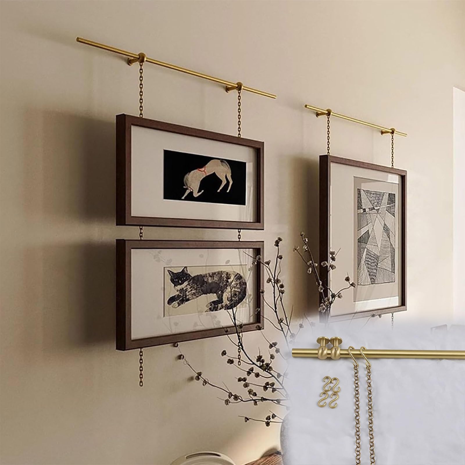 Zhoudong Gallery Rail Kit, Picture Rail Hanging System, Indoor French Style Wall Art Track with Brass Finish, Home Artwork Picture Frame Display Shelf(27.6in Rod)