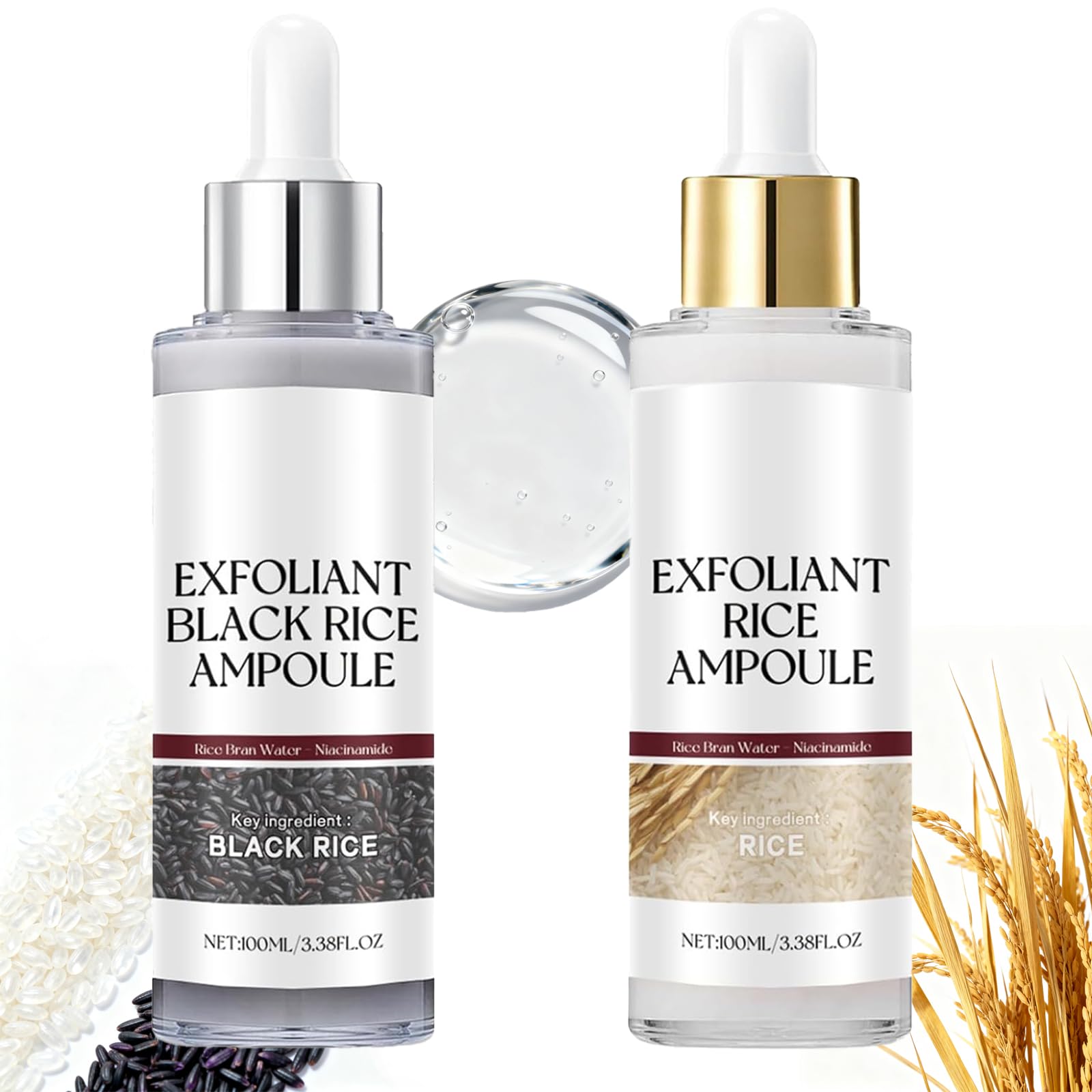 glow rice ampoule duo - 2pcs white & black rice exfoliant,rice exfoliator for face & body,gentle peel to remove dead skin & blackheads,rejuvenating hydration rice ampoule exfoliant for all skin types