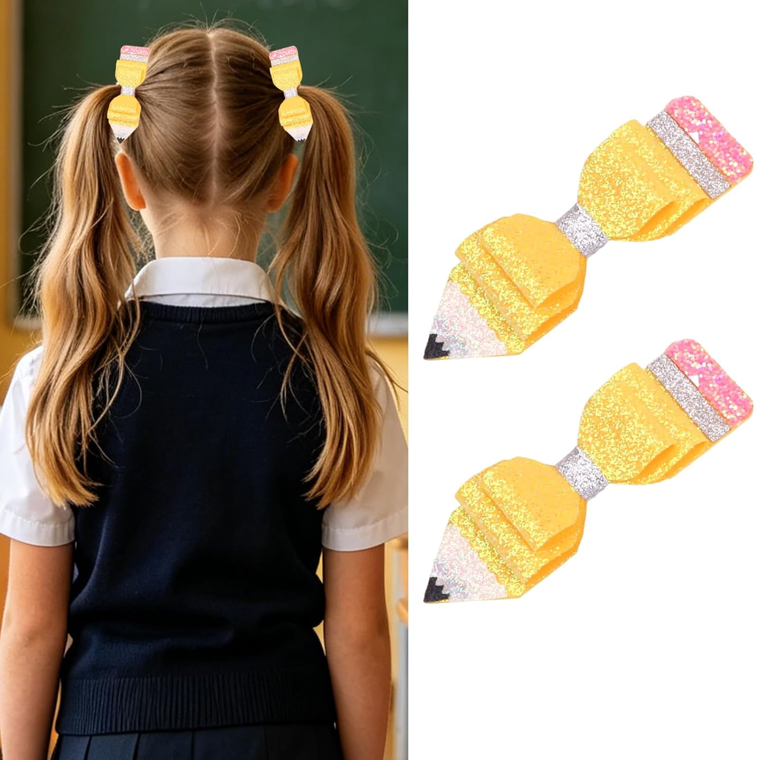 Back to School Hair Clips Glitter Pencil Bow Hair Barrettes Yellow Pencil Hair Bows Alligator Clips Cute Hair Accessories for Women Girls First Day of School Welcome Party Favors Supplies 2Pcs image 2