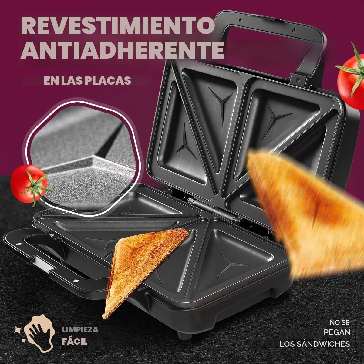 ProfiCook® Sandwichera para sándwiches americanos y rebanadas de pan tostado XXL | sandwichera eléctrica con placas extra grandes para sándwiches (recubrimiento antiadherente) | 900W, PC-ST 1092